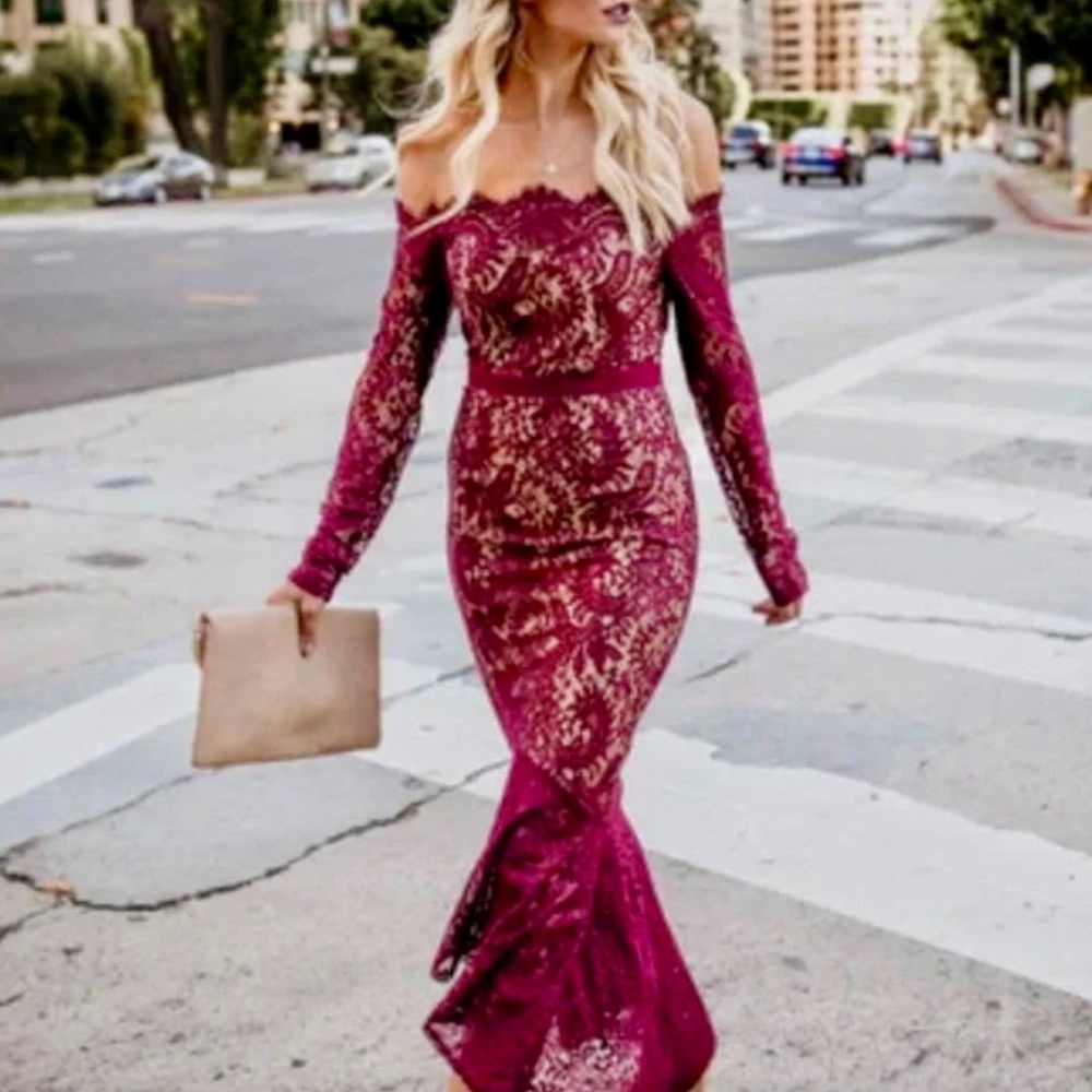 Elegant Burgundy Lace Off-Shoulder Dress